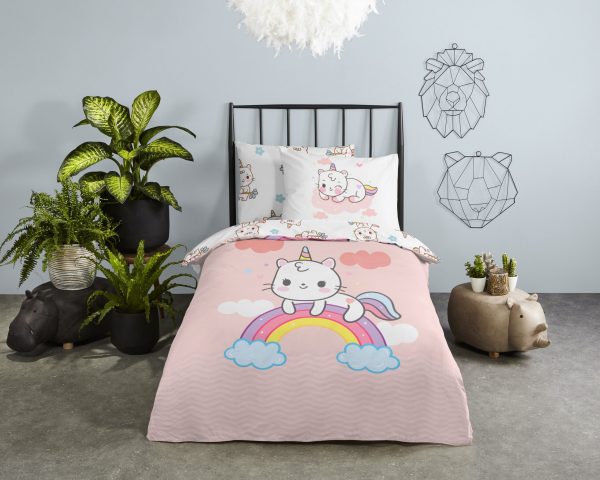 Good Morning Kinderdekbedovertrek "eenhoorn kat met regenboog" - Roze - (140x200/220 cm) - Katoen - Afbeelding 2