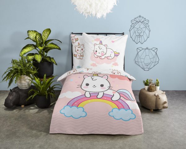 Good Morning Kinderdekbedovertrek "eenhoorn kat met regenboog" - Roze - (135x200 cm) - Katoen - Afbeelding 2