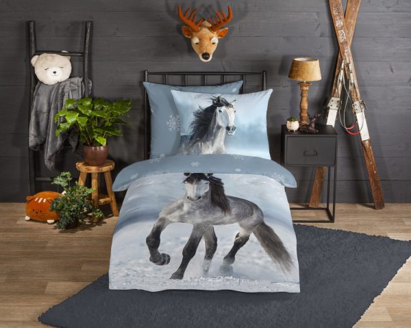 Good Morning Kinderdekbedovertrek "paard in de sneeuw" - Grijs - (135x200 cm) - Katoen Flanel - Afbeelding 2