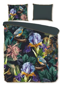 Descanso Dekbedovertrek "bloemen en vogels" - Antraciet - (200x200/220 cm) - Katoen Satijn