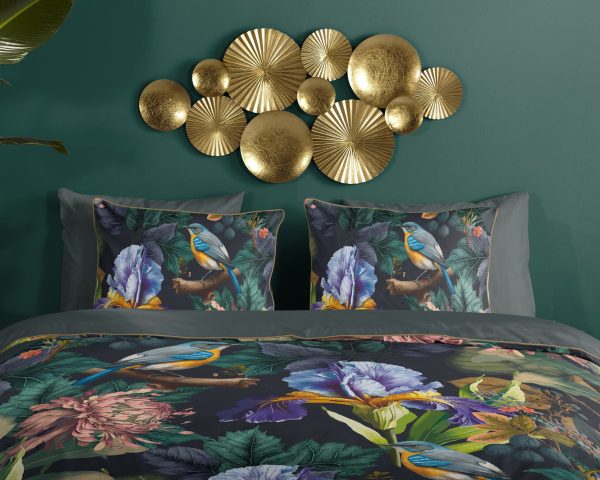 Descanso Dekbedovertrek "bloemen en vogels" - Antraciet - (200x200/220 cm) - Katoen Satijn - Afbeelding 3