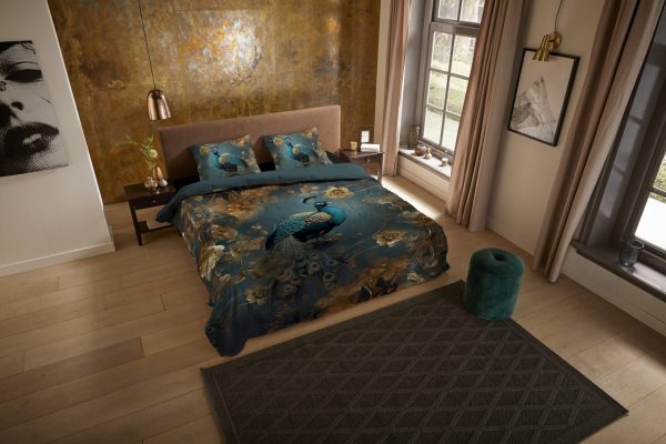 Pure Dekbedovertrek "pauw met gouden bloemen" - Petrol - (135x200 cm) - Microfiber - Afbeelding 2