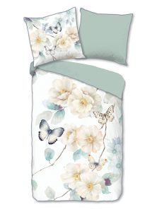 Descanso Dekbedovertrek "bloemen en vlinders" - Wit - (135x200 cm) - Katoen Satijn