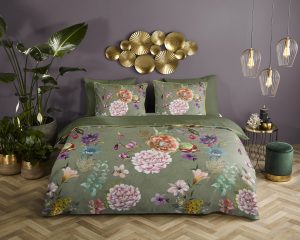 Descanso Dekbedovertrek "bloemen" - Groen - (200x200/220 cm) - Biologisch Katoen satijn