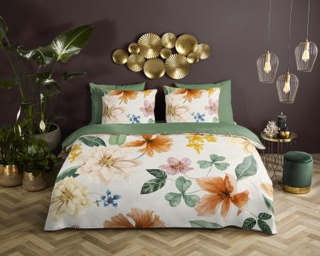 Descanso Dekbedovertrek "bloemen" - Ecru - (200x200/220 cm) - Biologisch Katoen satijn
