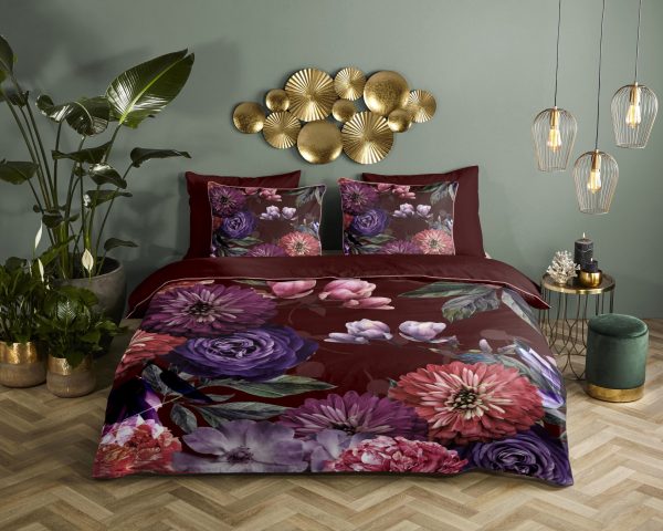 Descanso Dekbedovertrek "bloemen" - Bordeaux - (200x200/220 cm) - Biologisch Katoen satijn - Afbeelding 2