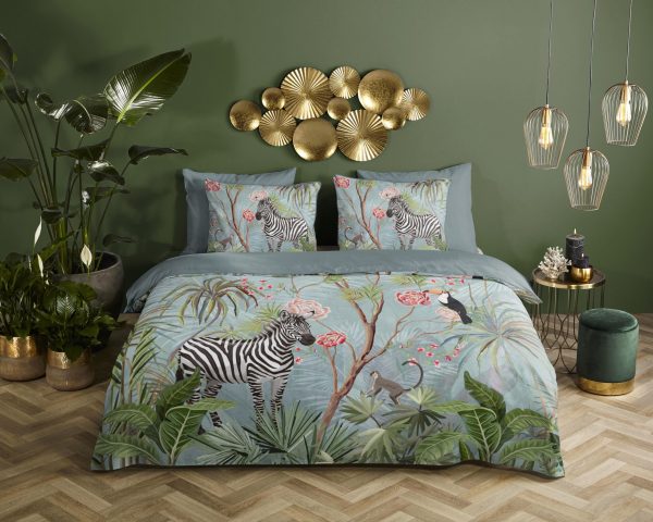 Descanso Dekbedovertrek "jungle print" - Aqua - (200x200/220 cm) - Biologisch Katoen satijn - Afbeelding 2