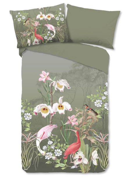Good Morning Dekbedovertrek "bloemen en vogels" - Groen - (140x200 cm) - Katoen