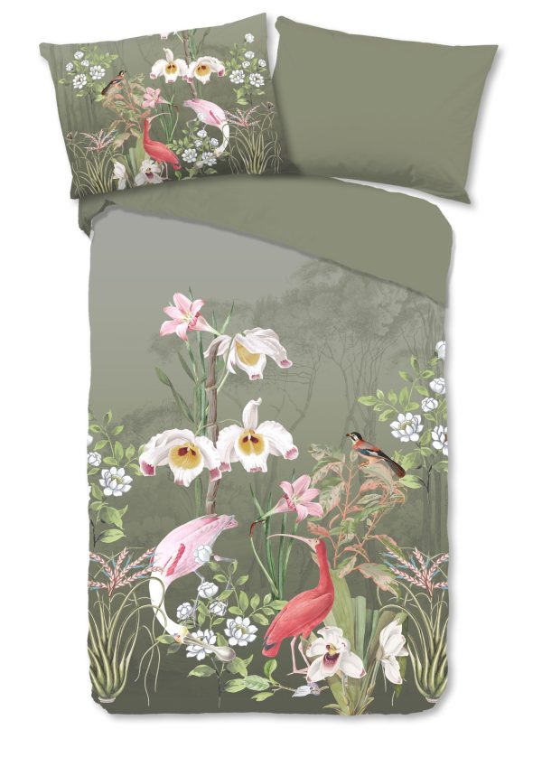 Good Morning Dekbedovertrek "bloemen en vogels" - Groen - (140x200 cm) - Katoen
