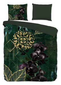 Good Morning Dekbedovertrek "orchideeen en gouden elementen" - Groen - (200x200/220 cm) - Katoen