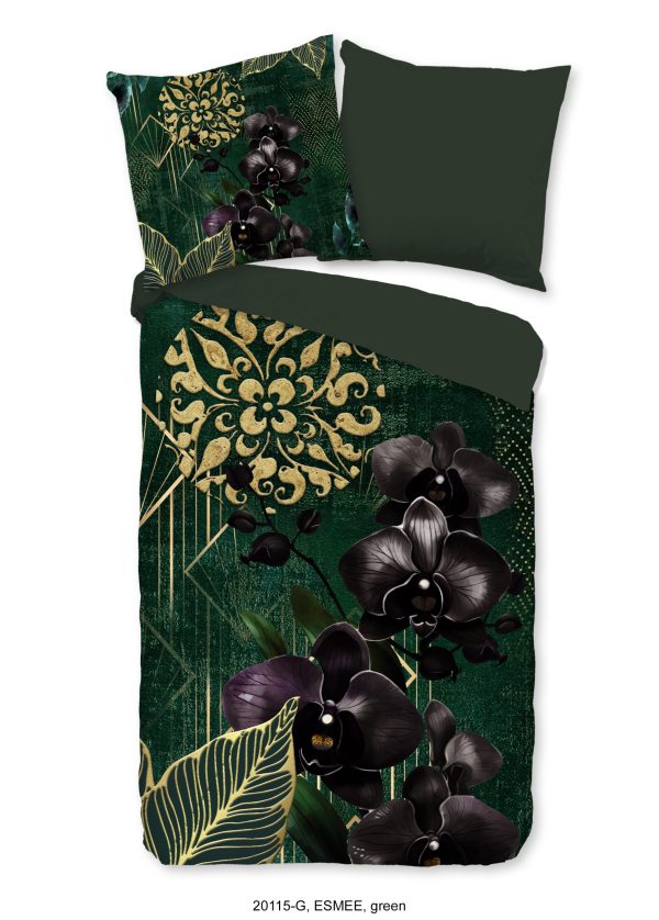Good Morning Dekbedovertrek "orchideeen en gouden elementen" - Groen - (135x200 cm) - Katoen