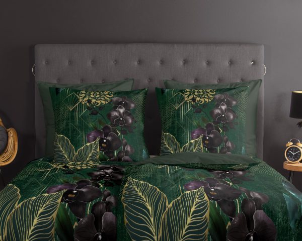 Good Morning Dekbedovertrek "orchideeen en gouden elementen" - Groen - (200x200 cm) - Katoen - Afbeelding 3