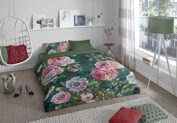 Good Morning Dekbedovertrek "bloemen" - Groen - (200x200/220 cm) - Katoen - Afbeelding 2