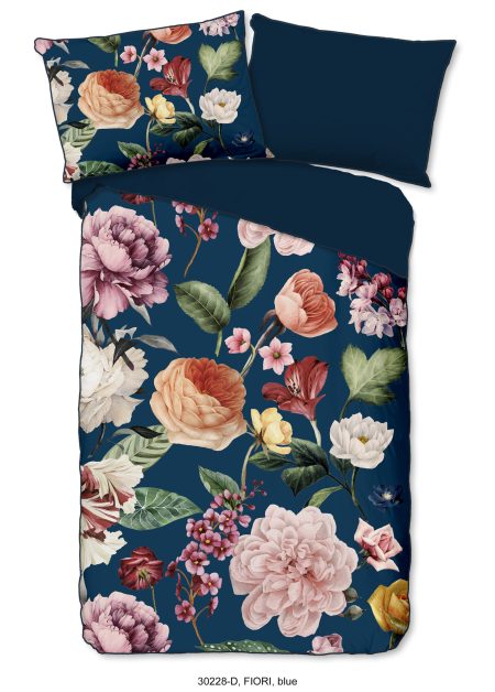 Descanso Dekbedovertrek "bloemen" - Blauw - (140x200 cm) - Biologisch Katoen satijn