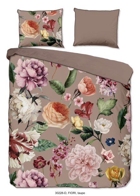 Descanso Dekbedovertrek "bloemen" - Taupe - (200x200/220 cm) - Biologisch Katoen satijn