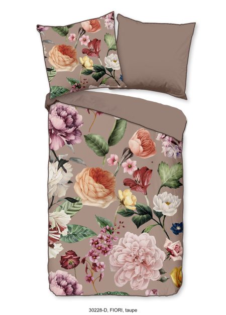 Descanso Dekbedovertrek "bloemen" - Taupe - (155x220 cm) - Biologisch Katoen satijn