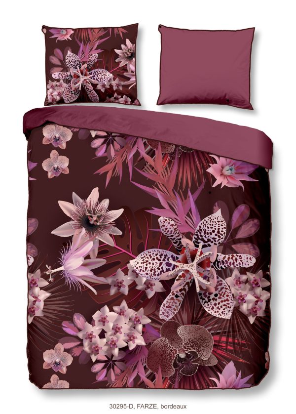 Descanso Dekbedovertrek "bloemen" - Bordeaux - (200x200/220 cm) - Biologisch Katoen satijn
