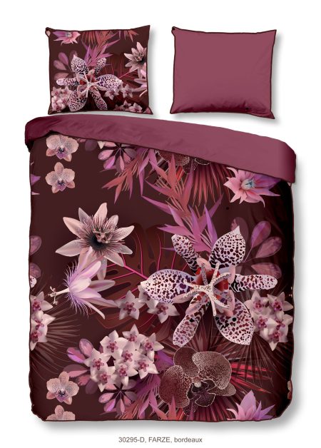 Descanso Dekbedovertrek "bloemen" - Bordeaux - (240x200/220 cm) - Biologisch Katoen satijn