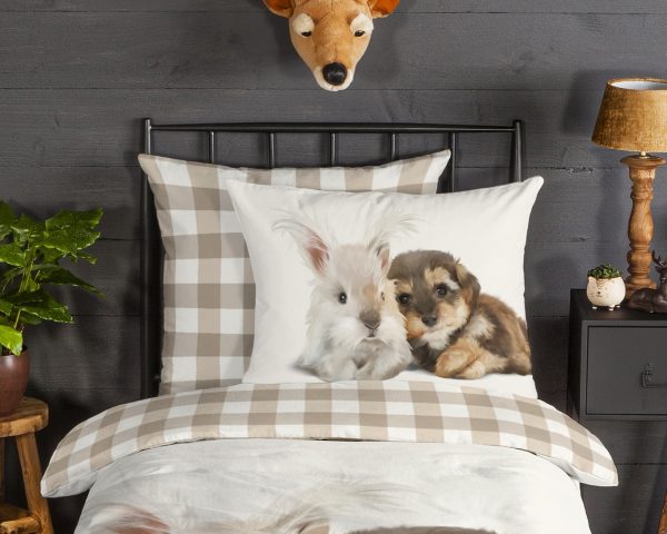 Good Morning Kinderdekbedovertrek "hond en konijn" - Zand - (135x200 cm) - Katoen Flanel - Afbeelding 3