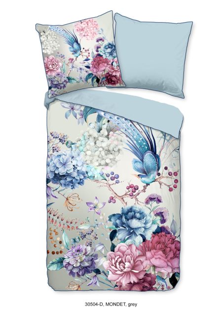 Descanso Dekbedovertrek "bloemen" - Grijs - (135x200 cm) - Biologisch Katoen satijn