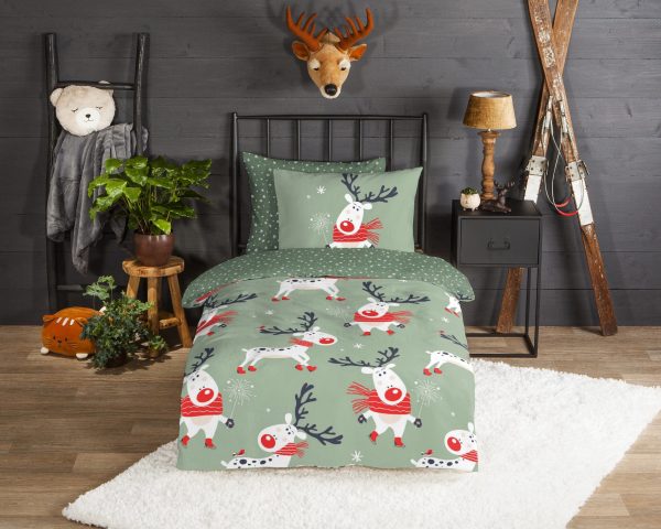 Good Morning Kinderdekbedovertrek "rendieren" - Groen - (140x200/220 cm) - Katoen Flanel - Afbeelding 2