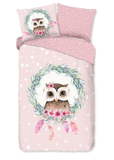 Good Morning Kinderdekbedovertrek "uil en veren" - Roze - (140x200/220 cm) - Katoen