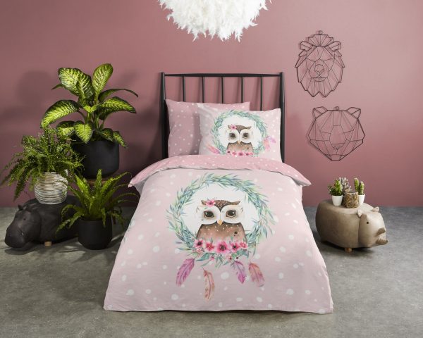Good Morning Kinderdekbedovertrek "uil en veren" - Roze - (140x200/220 cm) - Katoen - Afbeelding 2