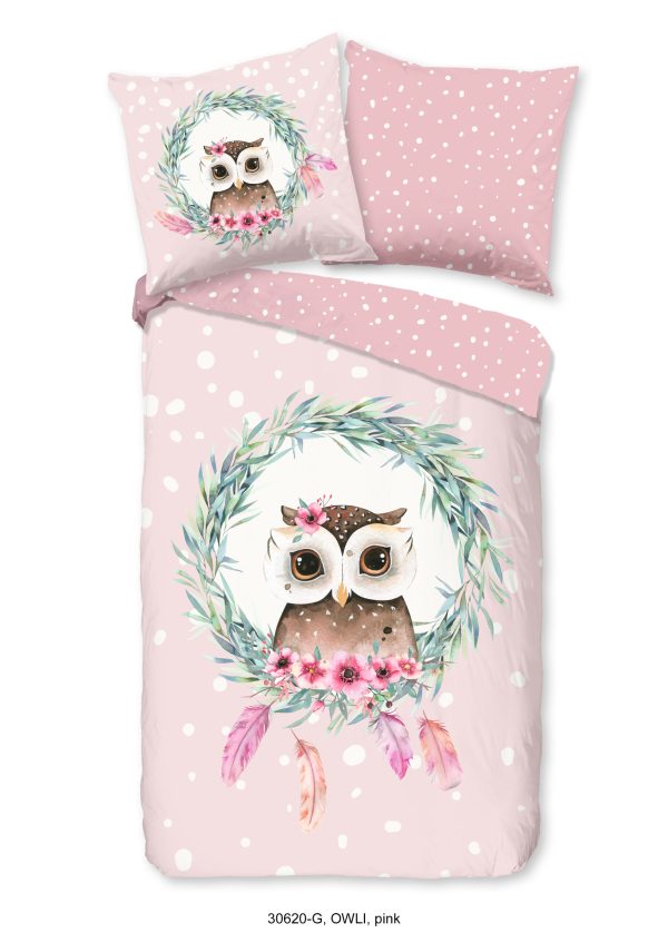 Good Morning Kinderdekbedovertrek "uil en veren" - Roze - (135x200 cm) - Katoen