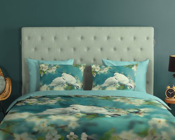 Good Morning Dekbedovertrek "witte duiven" - Aqua - (200x200/220 cm) - Katoen - Afbeelding 3