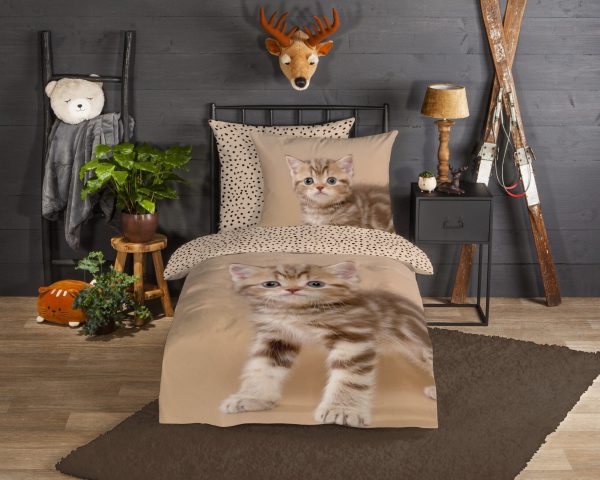Good Morning Kinderdekbedovertrek "poes" - Zand - (135x200 cm) - Katoen Flanel - Afbeelding 2
