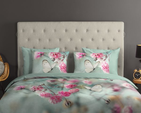 Good Morning Dekbedovertrek "bloemen en vlinders" - Mint - (200x200/220 cm) - Katoen - Afbeelding 3