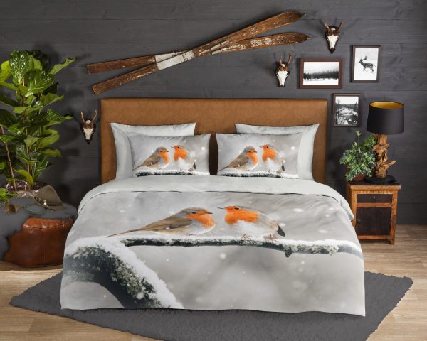 Good Morning Dekbedovertrek "roodborst vogels in de sneeuw" - Grijs - (140x200/220 cm) - Katoen Flanel - Afbeelding 2