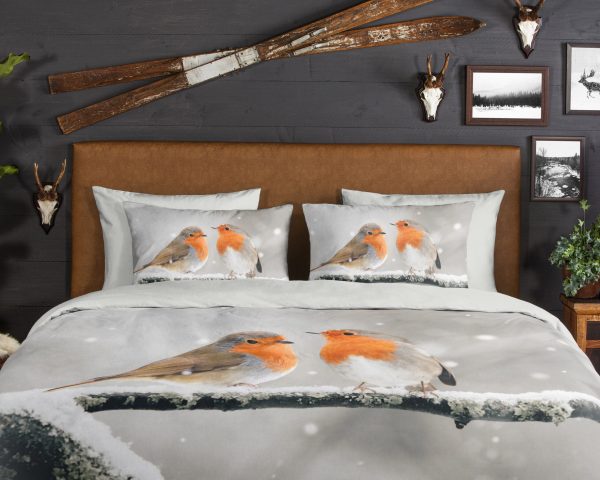 Good Morning Dekbedovertrek "roodborst vogels in de sneeuw" - Grijs - (140x200/220 cm) - Katoen Flanel - Afbeelding 3