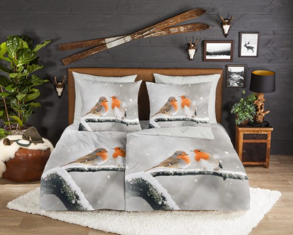 Good Morning Dekbedovertrek "roodborst vogels in de sneeuw" - Grijs - (155x220 cm) - Katoen Flanel - Afbeelding 2