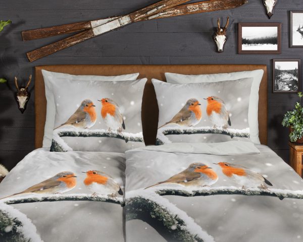 Good Morning Dekbedovertrek "roodborst vogels in de sneeuw" - Grijs - (200x200 cm) - Katoen Flanel - Afbeelding 3