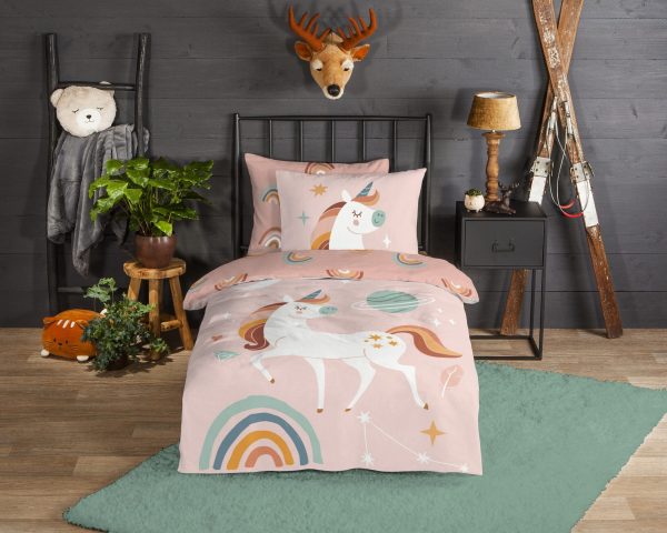 Good Morning Kinderdekbedovertrek "eenhoorn, planeten en regenboog" - Roze - (140x200/220 cm) - Katoen Flanel - Afbeelding 2