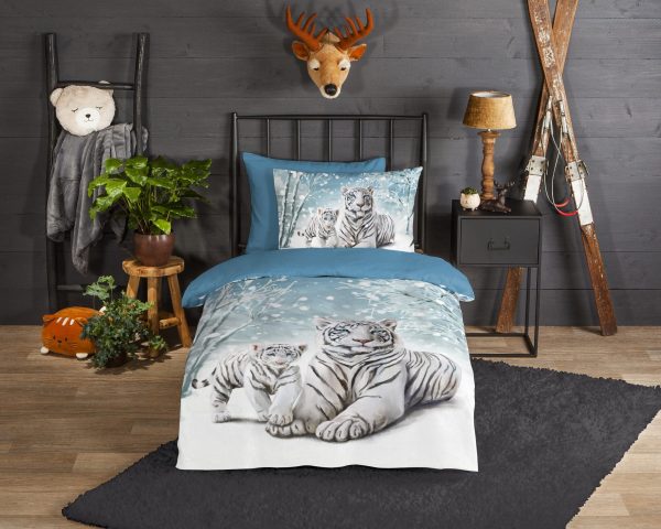 Good Morning Kinderdekbedovertrek "witte tijger in winterthema" - Blauw - (140x200/220 cm) - Katoen Flanel - Afbeelding 2