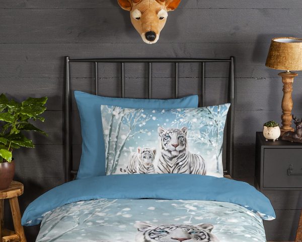 Good Morning Kinderdekbedovertrek "witte tijger in winterthema" - Blauw - (140x200/220 cm) - Katoen Flanel - Afbeelding 3