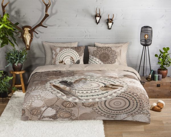 HIP Dekbedovertrek "mandala's en veren" - Taupe - (140x200/220 cm) - Katoen Flanel - Afbeelding 2