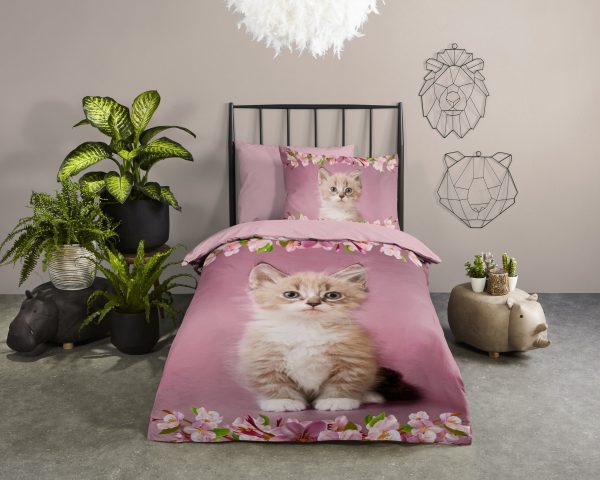 Good Morning Kinderdekbedovertrek "kitten poes met bloemen" - Roze - (140x200/220 cm) - Katoen - Afbeelding 2
