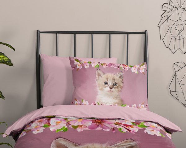 Good Morning Kinderdekbedovertrek "kitten poes met bloemen" - Roze - (140x200/220 cm) - Katoen - Afbeelding 3