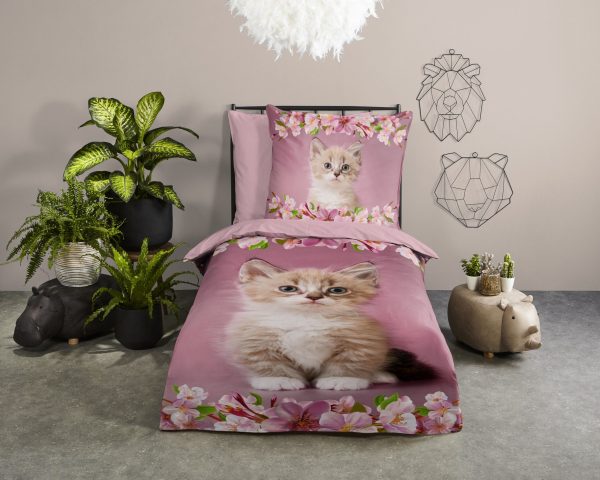 Good Morning Kinderdekbedovertrek "kitten poes met bloemen" - Roze - (135x200 cm) - Katoen - Afbeelding 2