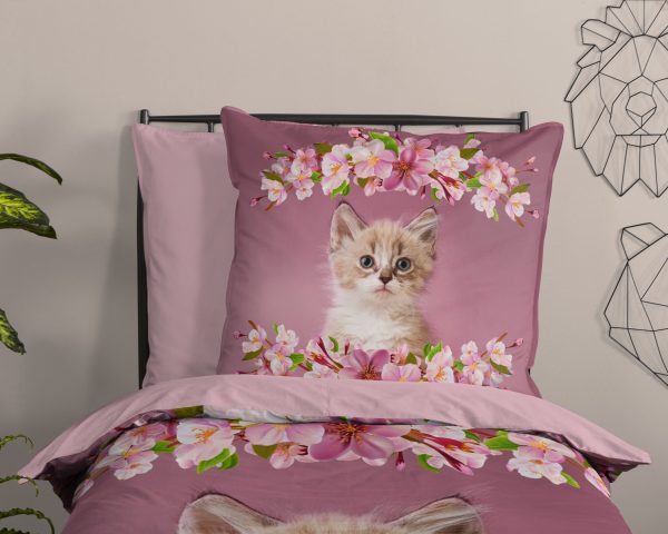 Good Morning Kinderdekbedovertrek "kitten poes met bloemen" - Roze - (135x200 cm) - Katoen - Afbeelding 3