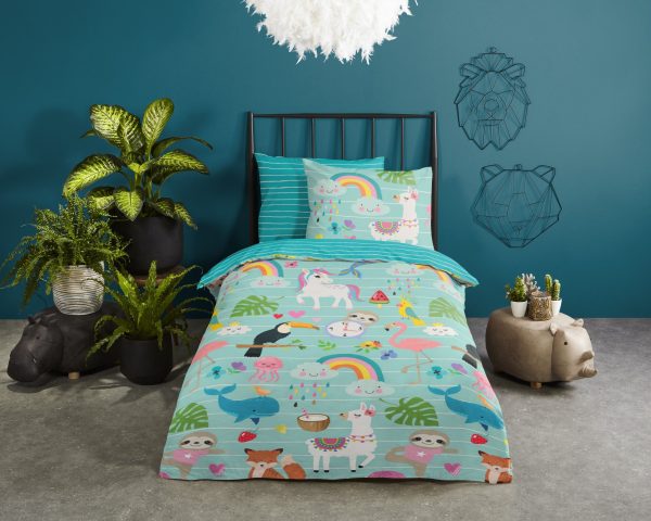 Good Morning Kinderdekbedovertrek "dieren en regenbogen" - Aqua - (140x200/220 cm) - Katoen - Afbeelding 2