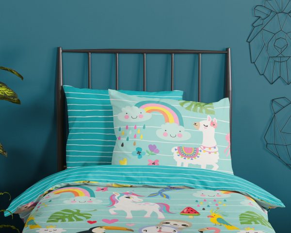 Good Morning Kinderdekbedovertrek "dieren en regenbogen" - Aqua - (140x200/220 cm) - Katoen - Afbeelding 3