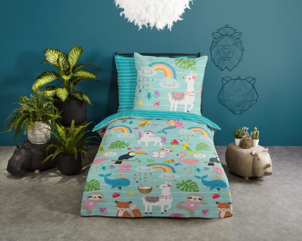 Good Morning Kinderdekbedovertrek "dieren en regenbogen" - Aqua - (135x200 cm) - Katoen - Afbeelding 2