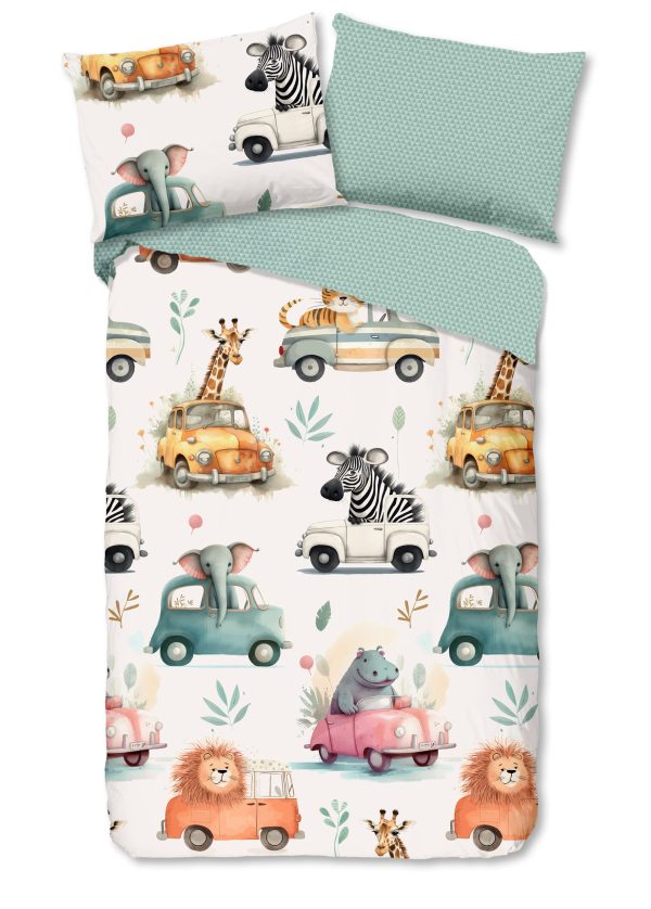 Good Morning Kinderdekbedovertrek "dieren in auto's" - Multi - (140x200 cm) - Katoen