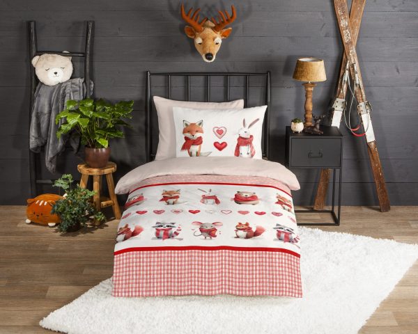 Good Morning Kinderdekbedovertrek "dieren met sjaal" - Rood - (140x200/220 cm) - Katoen Flanel - Afbeelding 2