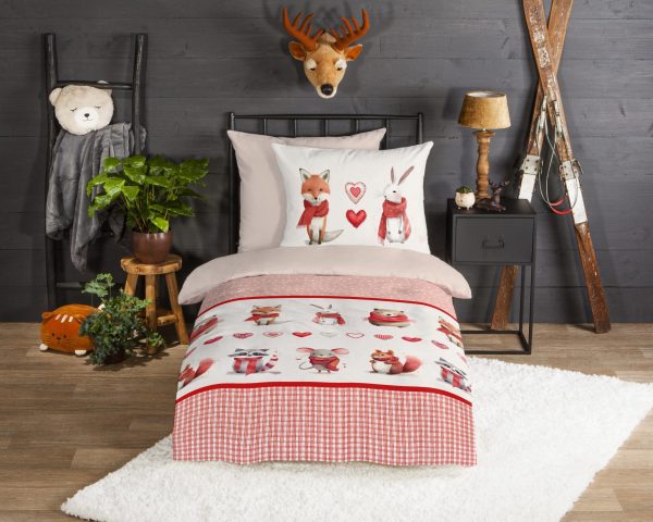 Good Morning Kinderdekbedovertrek "dieren met sjaal" - Rood - (135x200 cm) - Katoen Flanel - Afbeelding 2