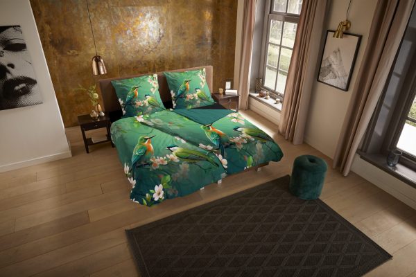 Pure Dekbedovertrek "bloemen en vogels" - Groen - (135x200 cm) - Microfiber - Afbeelding 2